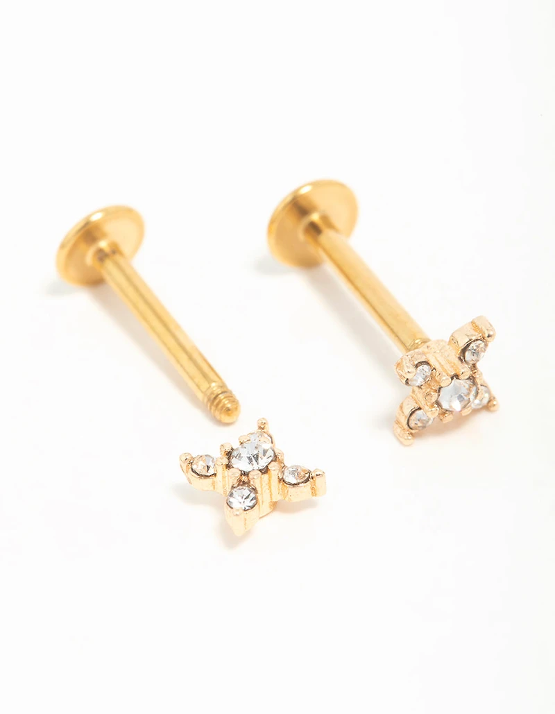 Gold Plated Surgical Steel Diamante Clover Flat Back Earrings