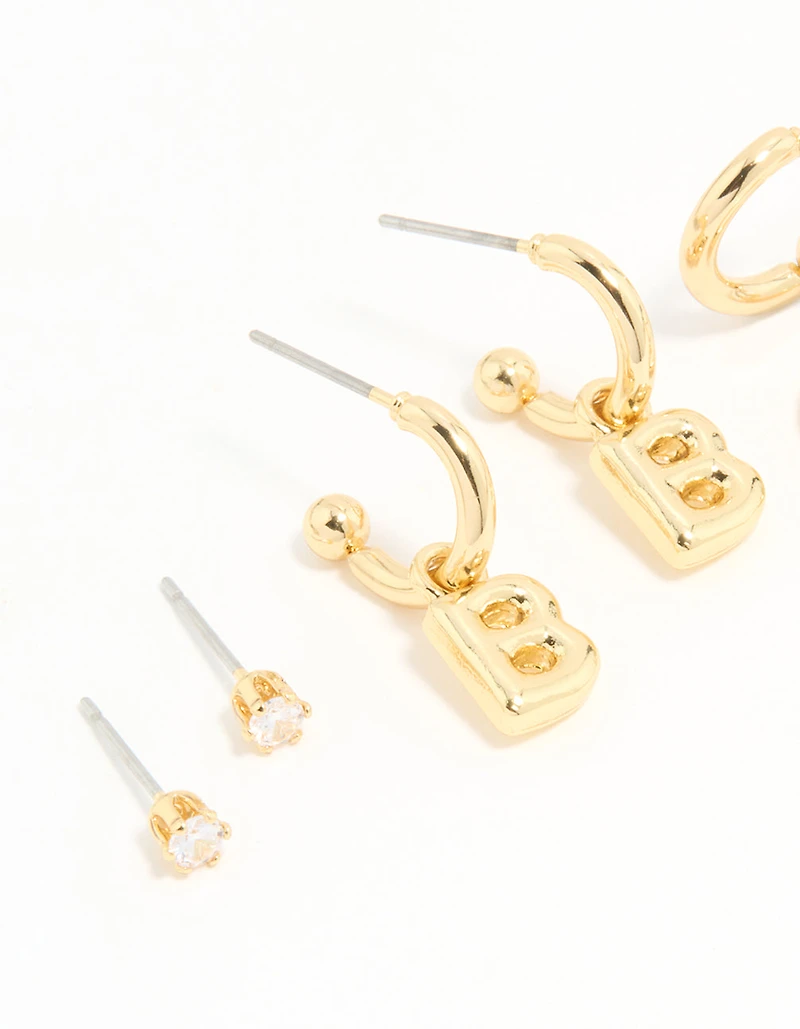 Gold Plated Cubic Zirconia Letter B Stud & Hoop Earrings 4-Pack