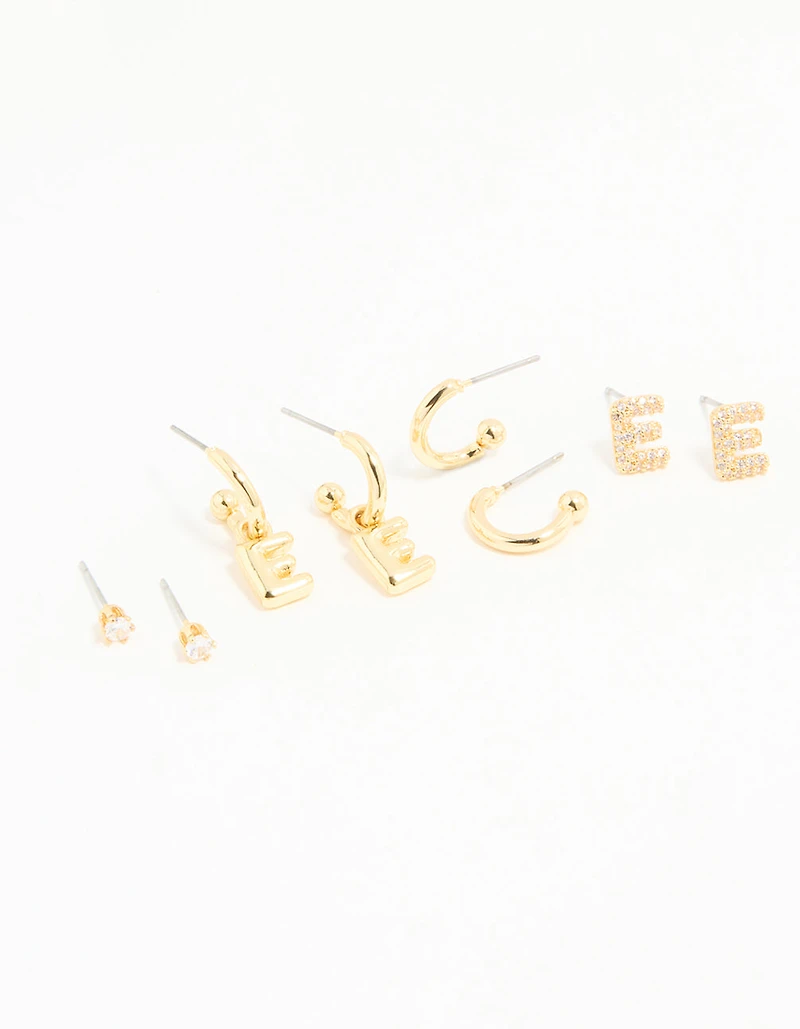 Gold Plated Cubic Zirconia Letter E Stud & Hoop Earrings 4-Pack