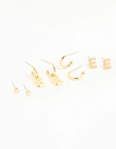 Gold Plated Cubic Zirconia Letter E Stud & Hoop Earrings 4-Pack
