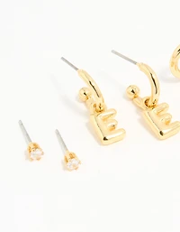 Gold Plated Cubic Zirconia Letter E Stud & Hoop Earrings 4-Pack