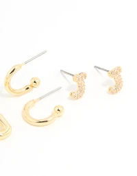 Gold Plated Cubic Zirconia Letter J Stud & Hoop Earrings 4-Pack