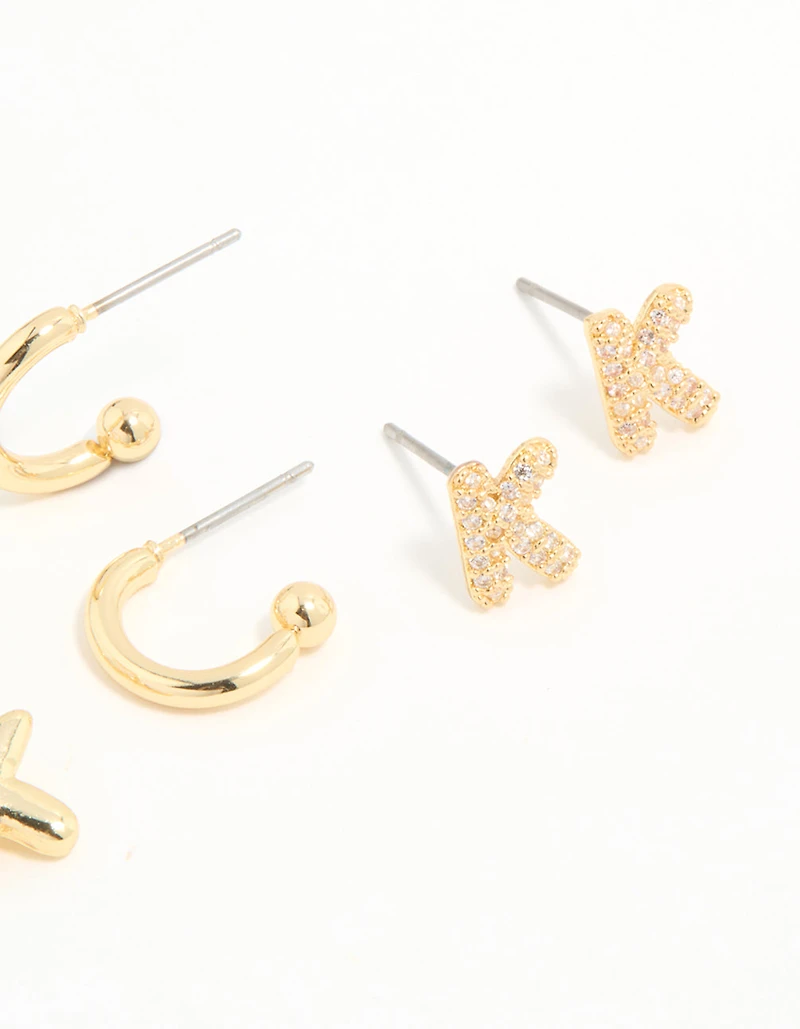Gold Plated Cubic Zirconia Letter K Stud & Hoop Earrings 4-Pack