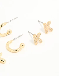 Gold Plated Cubic Zirconia Letter K Stud & Hoop Earrings 4-Pack