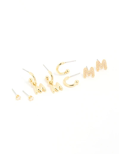 Gold Plated Cubic Zirconia Letter M Stud & Hoop Earrings 4-Pack