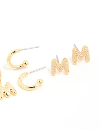 Gold Plated Cubic Zirconia Letter M Stud & Hoop Earrings 4-Pack