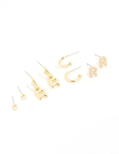 Gold Plated Cubic Zirconia Letter R Stud & Hoop Earrings 4-Pack