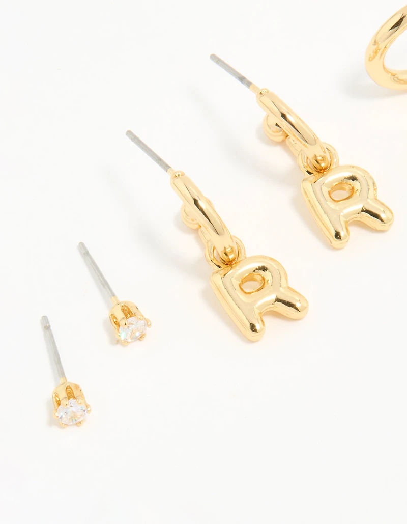 Gold Plated Cubic Zirconia Letter R Stud & Hoop Earrings 4-Pack