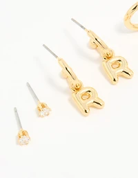 Gold Plated Cubic Zirconia Letter R Stud & Hoop Earrings 4-Pack