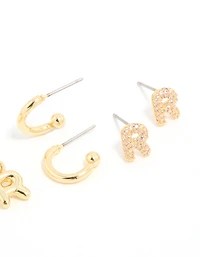 Gold Plated Cubic Zirconia Letter R Stud & Hoop Earrings 4-Pack