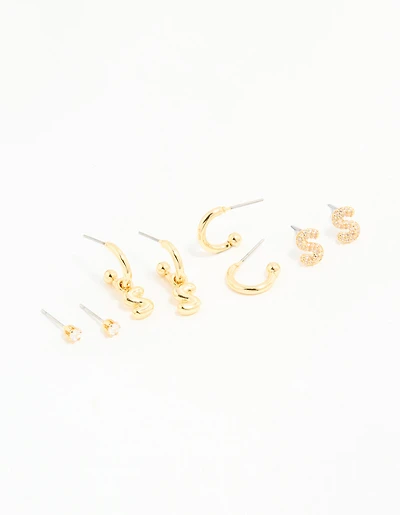 Gold Plated Cubic Zirconia Letter S Stud & Hoop Earrings 4-Pack