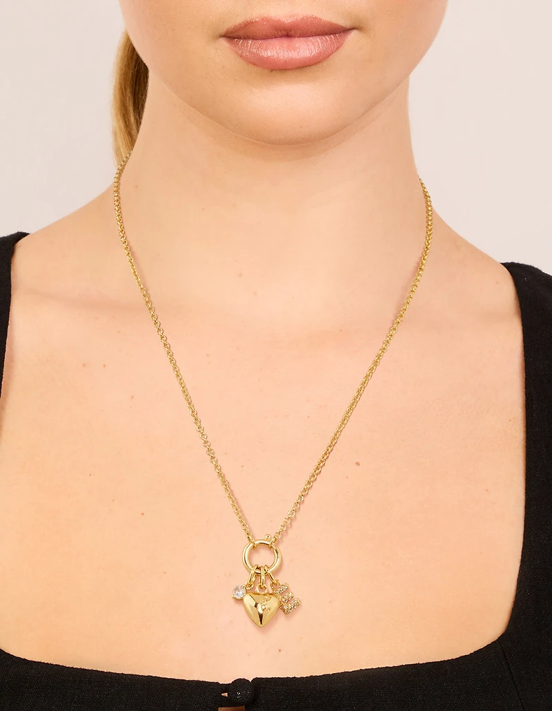 Gold Plated Bubble E & Heart Charm Necklace