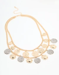 Gold Mixed Metal Coin Layered Necklace