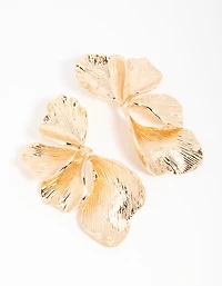 Gold Etched Large Leaf Drop Earrings