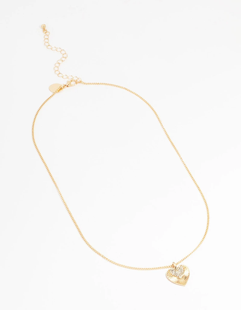 Gold Cubic Zirconia Textured Heart Pendant Necklace