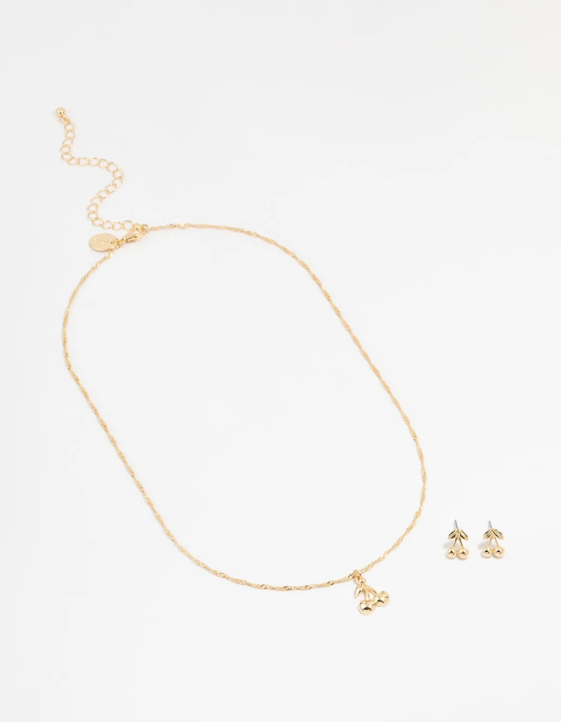 Gold Cherry Necklace & Earrings Set
