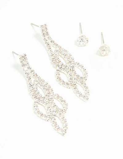 Silver Ornate Diamante Drop & Stud Earrings 2-Pack