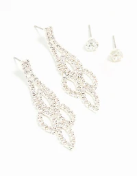 Silver Ornate Diamante Drop & Stud Earrings 2-Pack