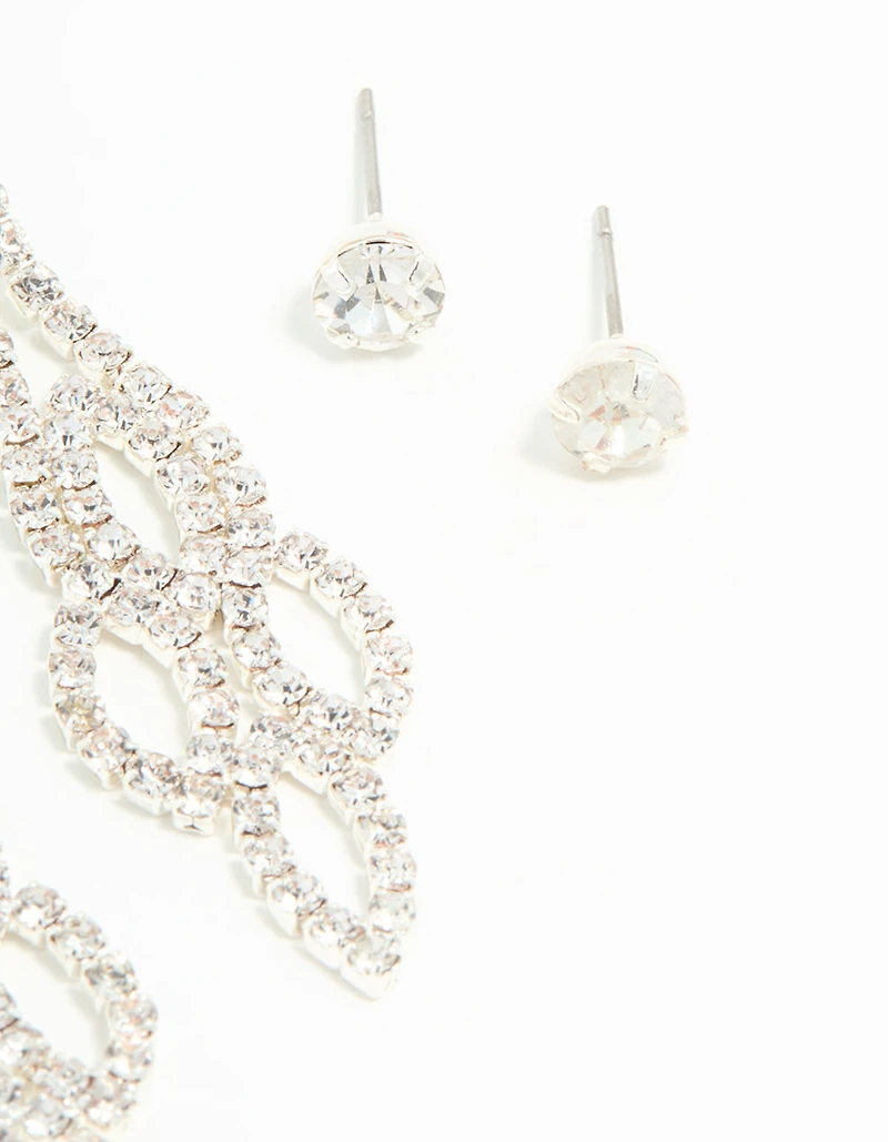 Silver Ornate Diamante Drop & Stud Earrings 2-Pack