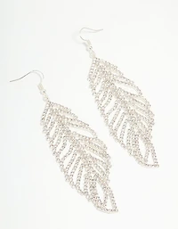 Silver Diamante Leaf Outline Hook Large Drop Earrings