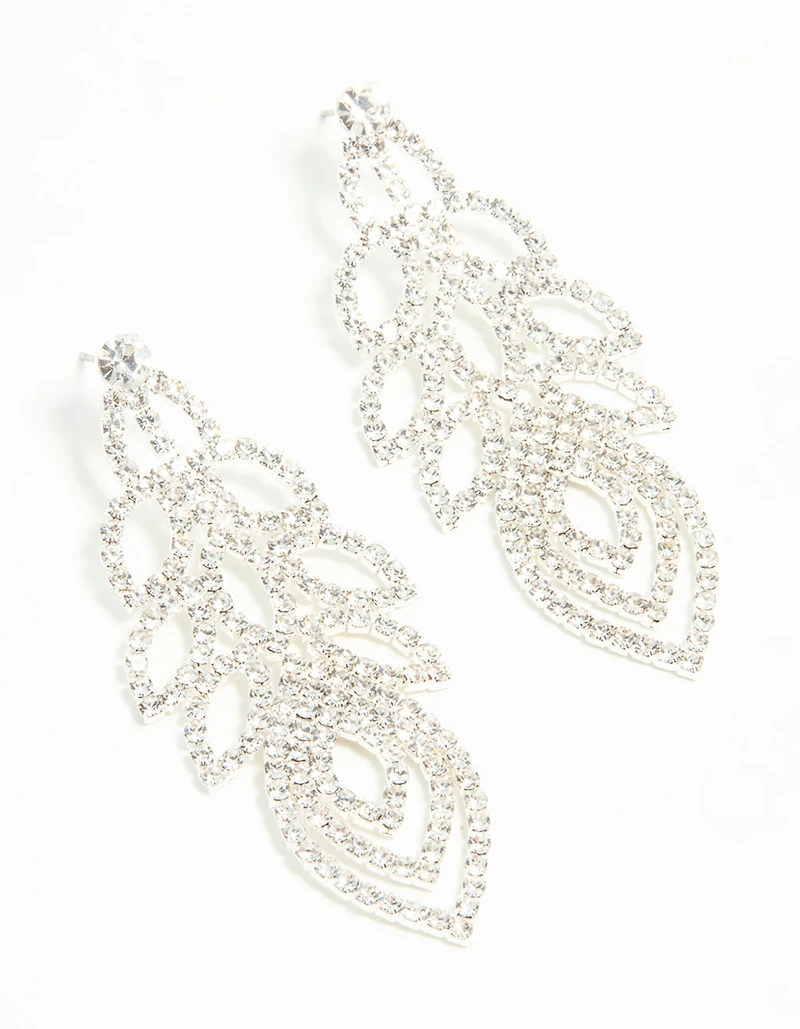 Silver Diamante Large Peacock Feather Drop Earrings