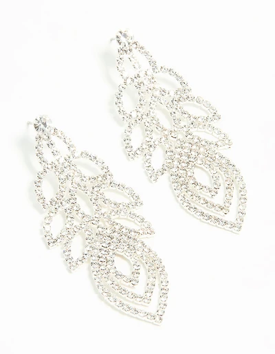 Silver Diamante Large Peacock Feather Drop Earrings
