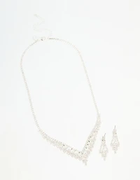 Silver Diamante Marquise Zigzag V Necklace & Earring Set