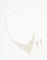 Silver Diamante Cupchain Tassel Vine Necklace & Earrings Set