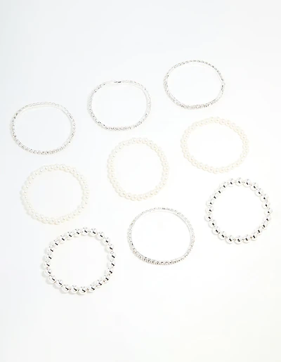 Silver Diamante & Pearl Ball Bracelets 9-Pack