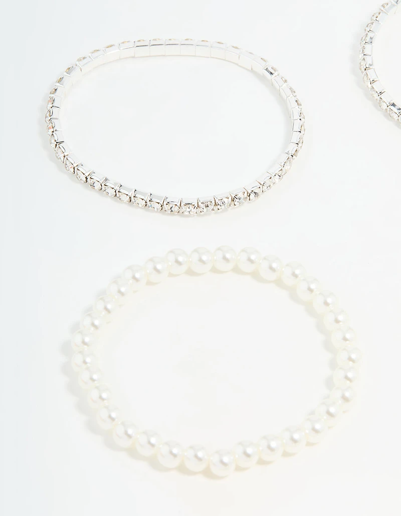 Silver Diamante & Pearl Ball Bracelets 9-Pack