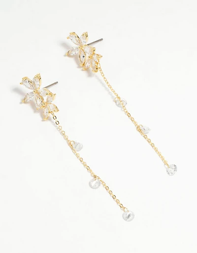 Boucles d’oreilles tombantes en chaîne de fleurs cubiques en zircone plaquées or