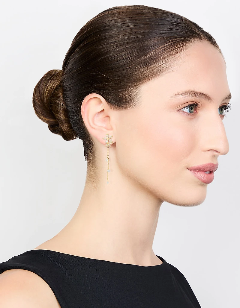 Gold Plated Cubic Zirconia Flower Chain Drop Earrings