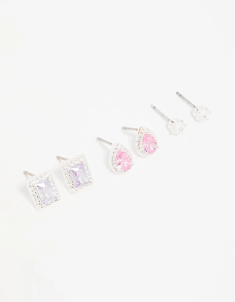 Silver Cubic Zirconia Teardrop & Square Stud Earrings 3-Pack