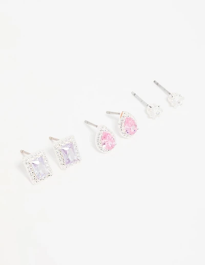 Silver Cubic Zirconia Teardrop & Square Stud Earrings 3-Pack