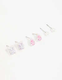 Silver Cubic Zirconia Teardrop & Square Stud Earrings 3-Pack