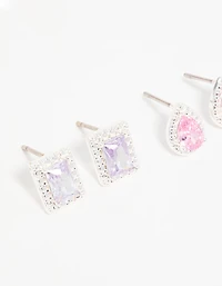 Silver Cubic Zirconia Teardrop & Square Stud Earrings 3-Pack