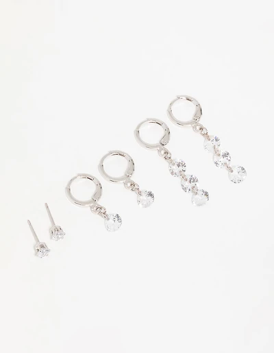 Silver Cubic Zirconia Stud & Huggie Earrings 3-Pack