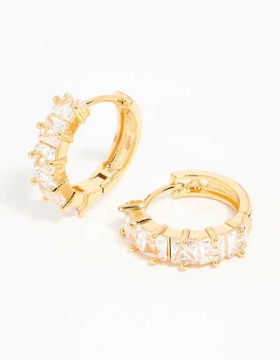 Gold Plated Brass Cubic Zirconia Baguette Medium Huggie Earrings