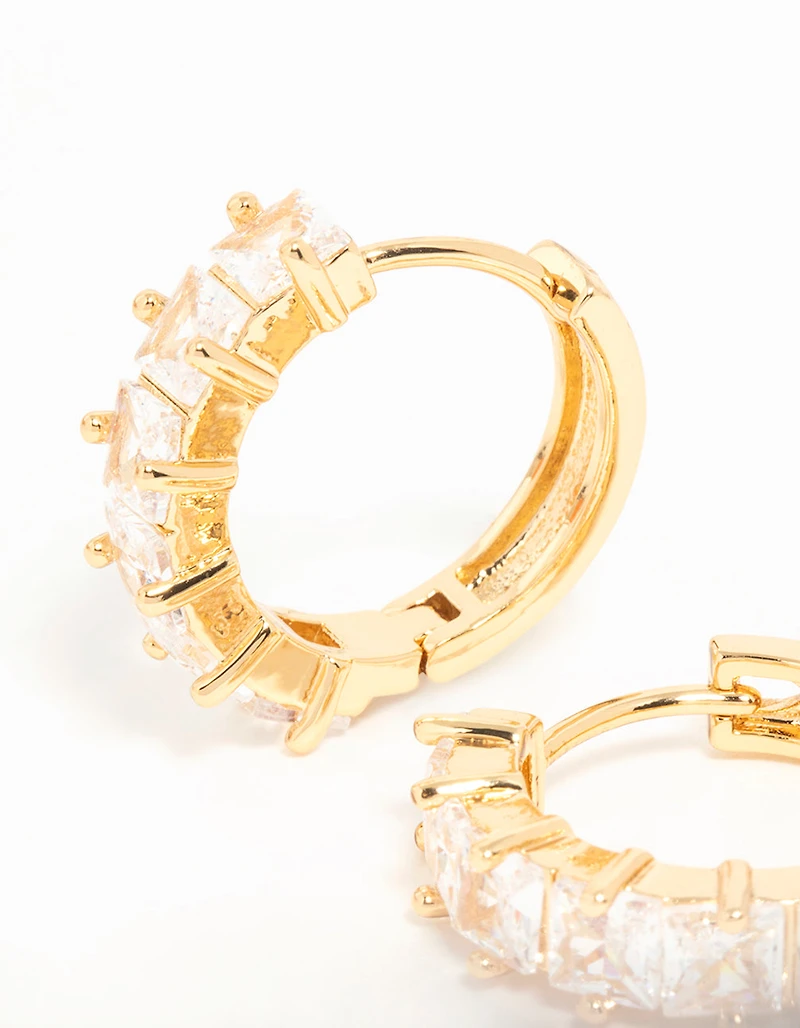 Gold Plated Brass Cubic Zirconia Baguette Medium Huggie Earrings