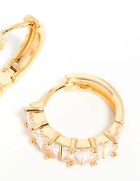 Gold Plated Brass Cubic Zirconia Baguette Medium Huggie Earrings