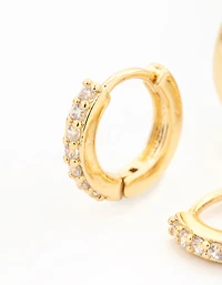 Gold Plated Brass Mini Cubic Zirconia & Plain Huggie Earrings 2-Pack