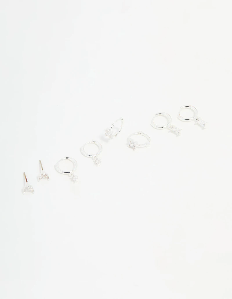 Silver Plated Brass Diamante Baguette Flower Hoop & Stud Earrings 4-Pack
