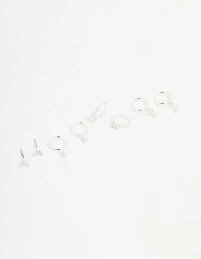 Silver Plated Brass Diamante Baguette Flower Hoop & Stud Earrings 4-Pack