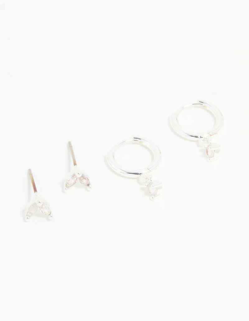 Silver Plated Brass Diamante Baguette Flower Hoop & Stud Earrings 4-Pack