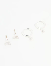 Silver Plated Brass Diamante Baguette Flower Hoop & Stud Earrings 4-Pack