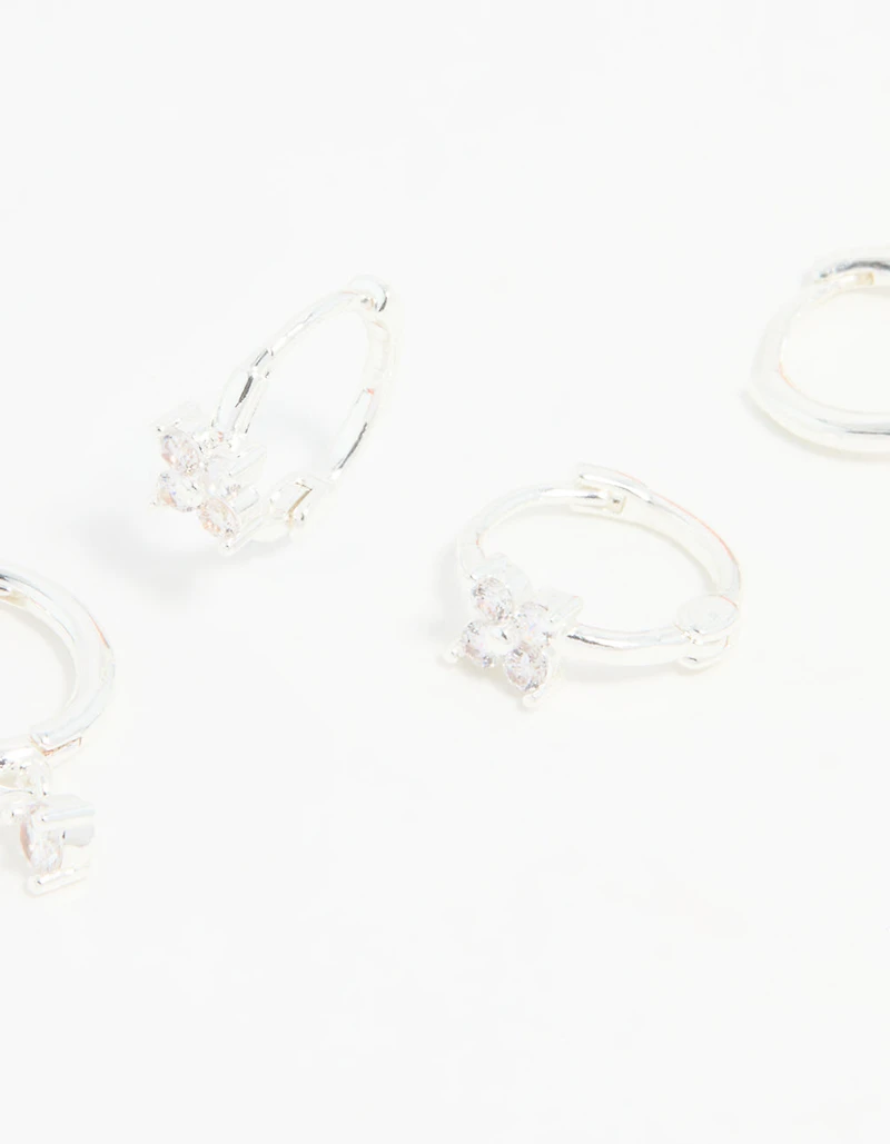 Silver Plated Brass Diamante Baguette Flower Hoop & Stud Earrings 4-Pack