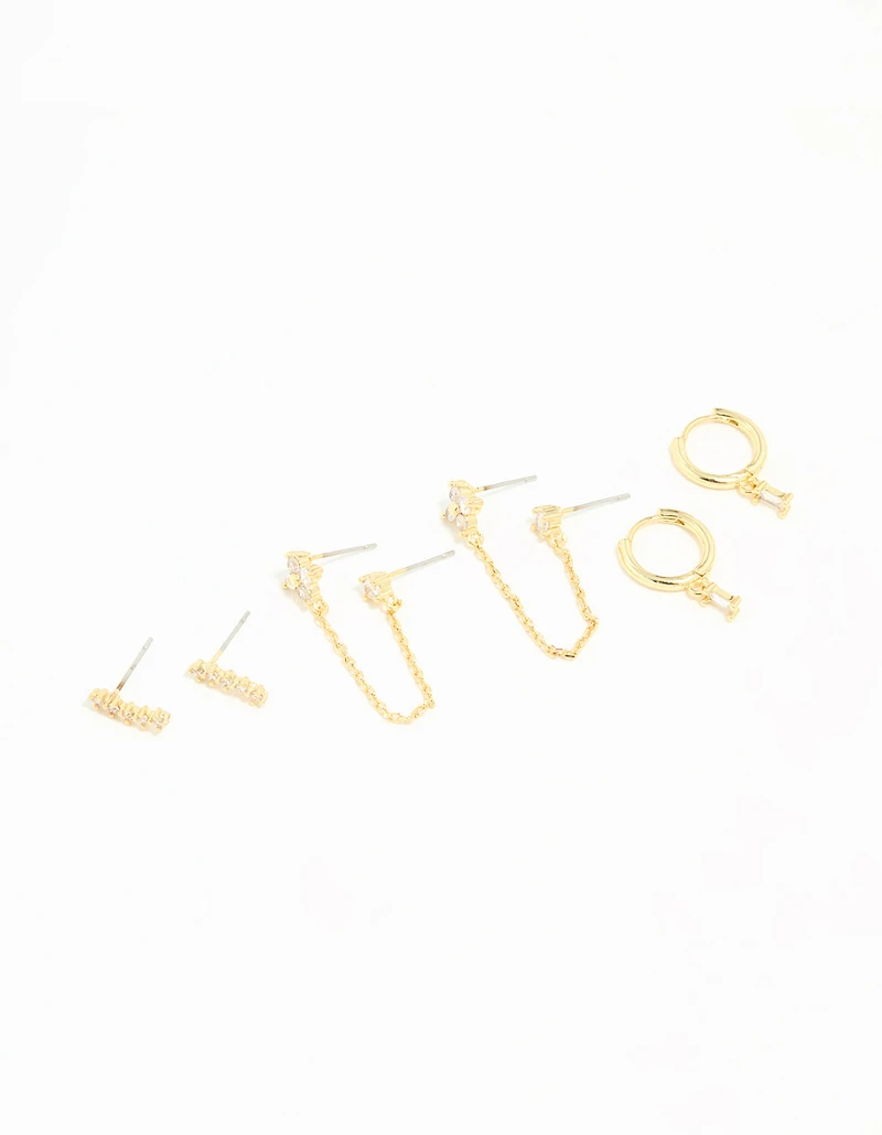 Gold Plated Brass Cubic Zirconia Chain & Stud Earrings 3-Pack