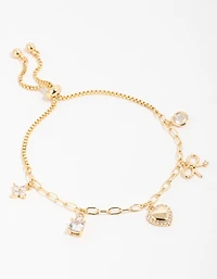 Gold Plated Brass Cubic Zirconia Heart & Bow Charm Toggle Bracelet