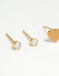 Waterproof Gold Plated Stainless Steel Diamante Clover & Heart Earring Stack Pack