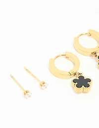 Waterproof Gold Plated Stainless Steel Flower & Star Earrings 3-Pack